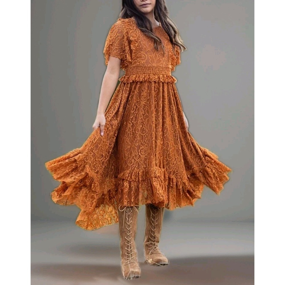 JoyFolie Girls Eliana Lt Brown Lace Asymmetrical Hem Ruffle Party Midi Dress 12